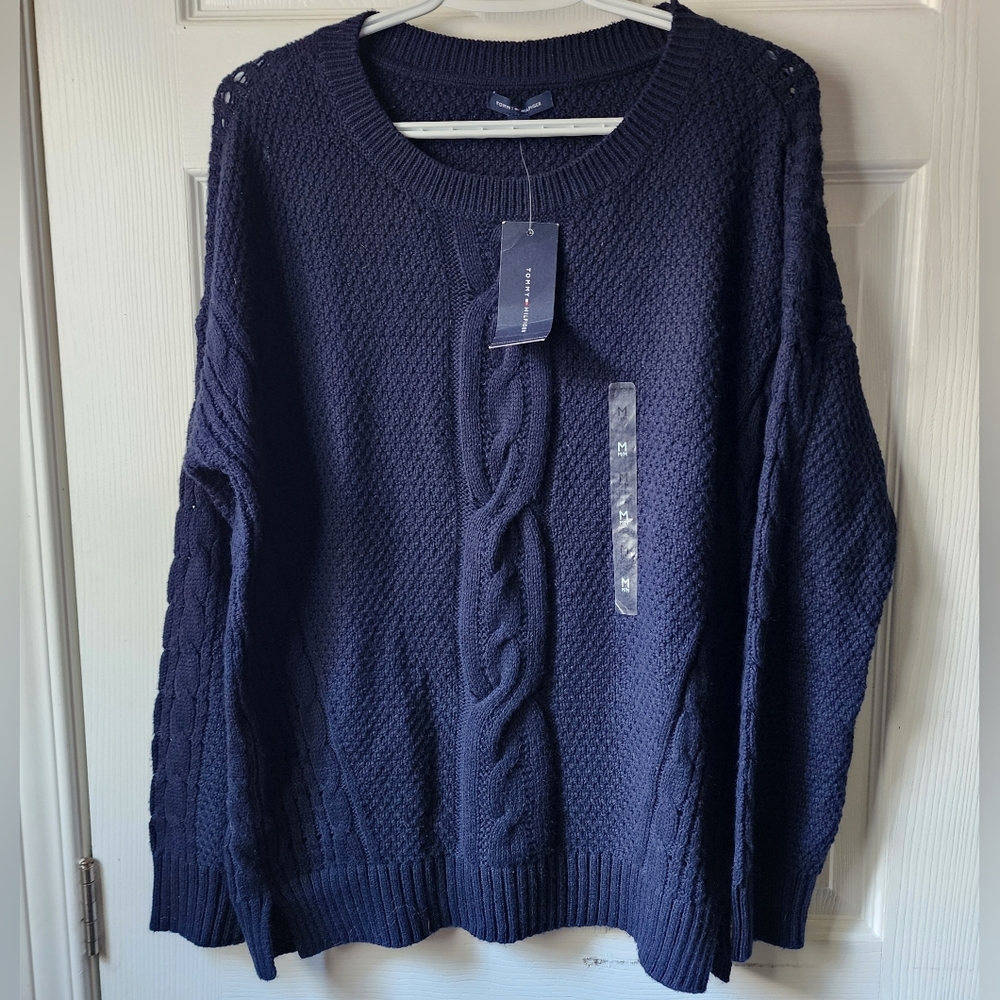 💐2/$25 Tommy Hilfiger Navy Blue Knit Fisherman Preppy Sweater, size Medium